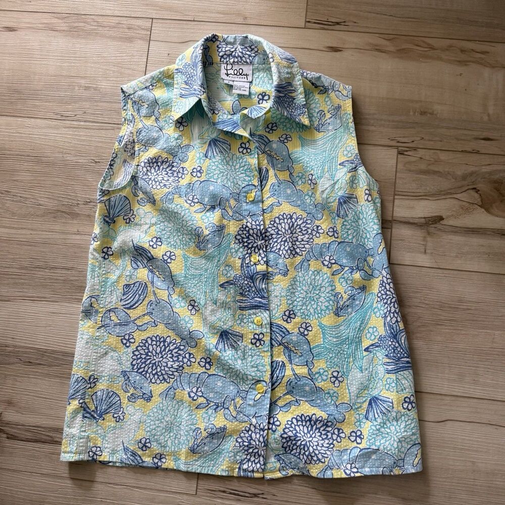 Vintage Lilly Pulitzer Seersucker Lobster & Crab Print Sleeveless Button Size 2